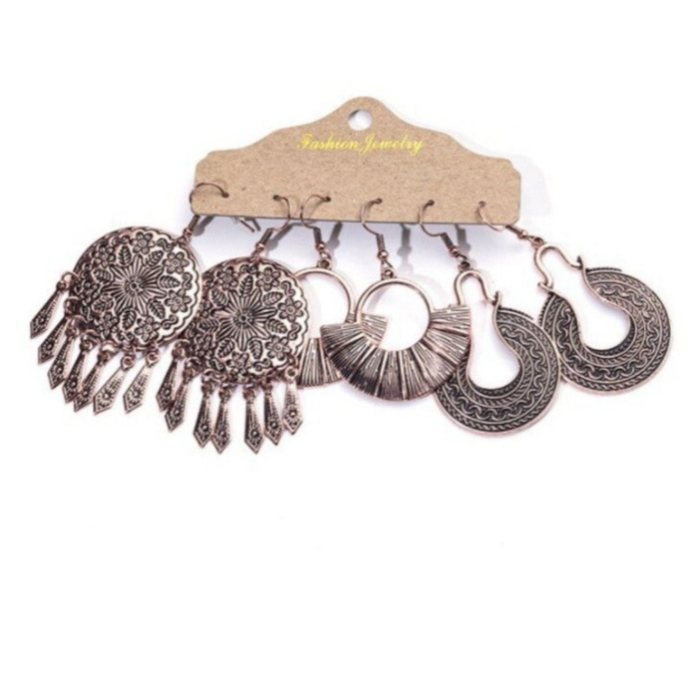 Bohemian Tasseled Earrings In Rose Gold Set of 3